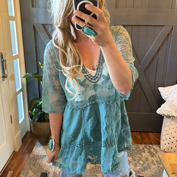 New Teal Lace Crochet Boho Folk Tunic Blouse Top Cover-Up Womens Turquoise - Picture 9 of 11